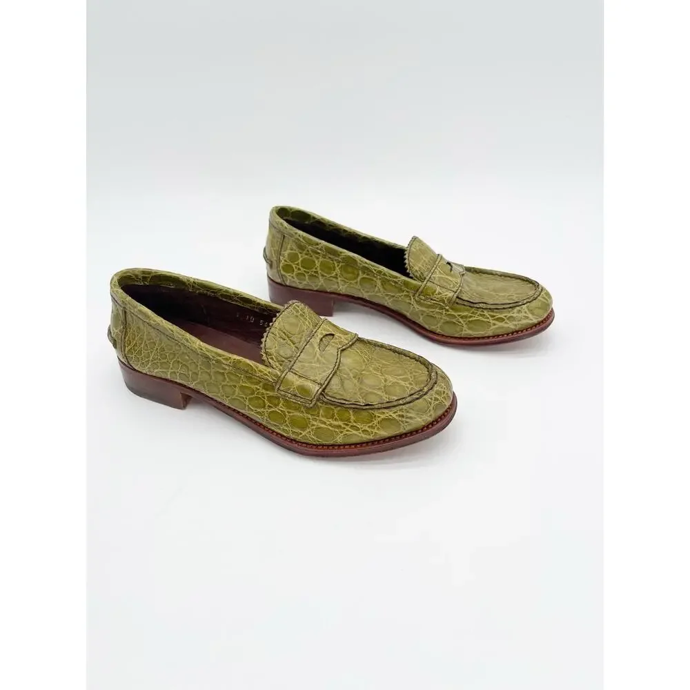 Prada Spring 2005 Runway Vintage Green Exotic Alligator Penny Loafers IT 37